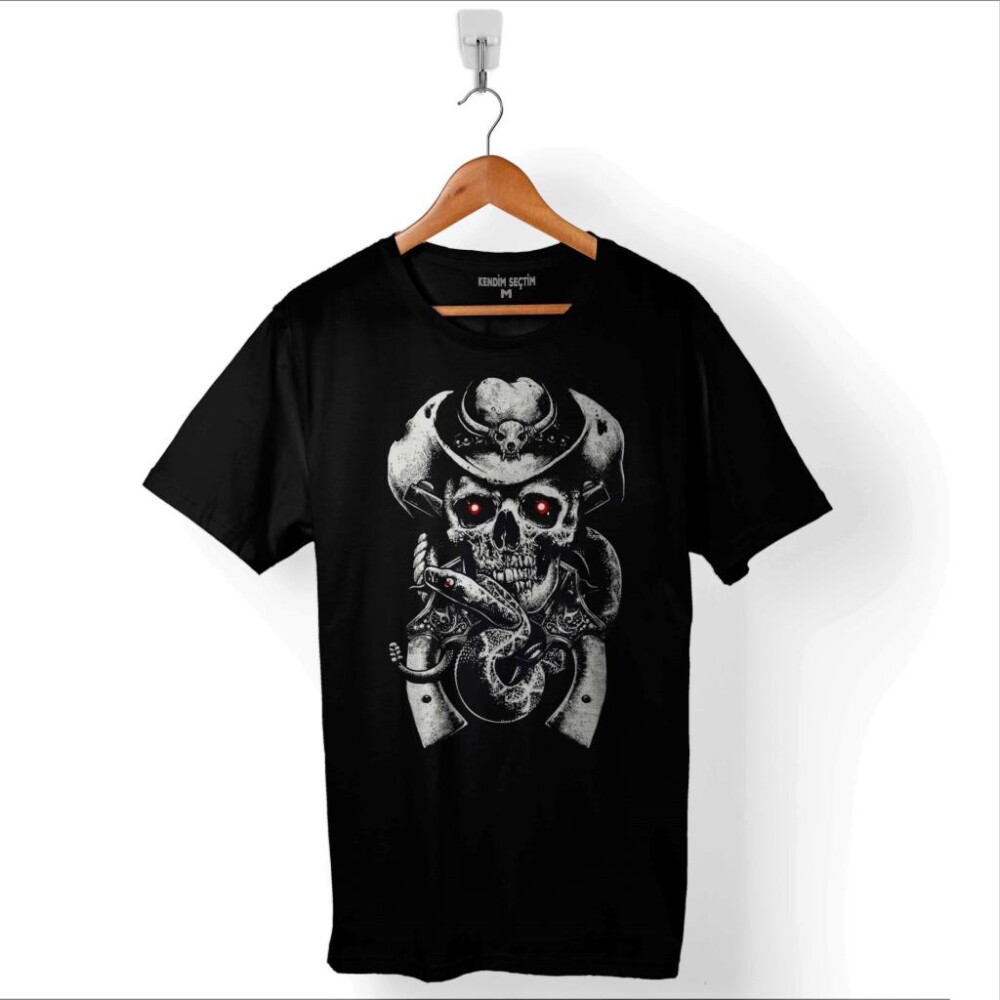 Skull Fear Hat Guns Snake Kovboy Kuru Kafa Baskılı Tişört Unisex T-Shirt - 1