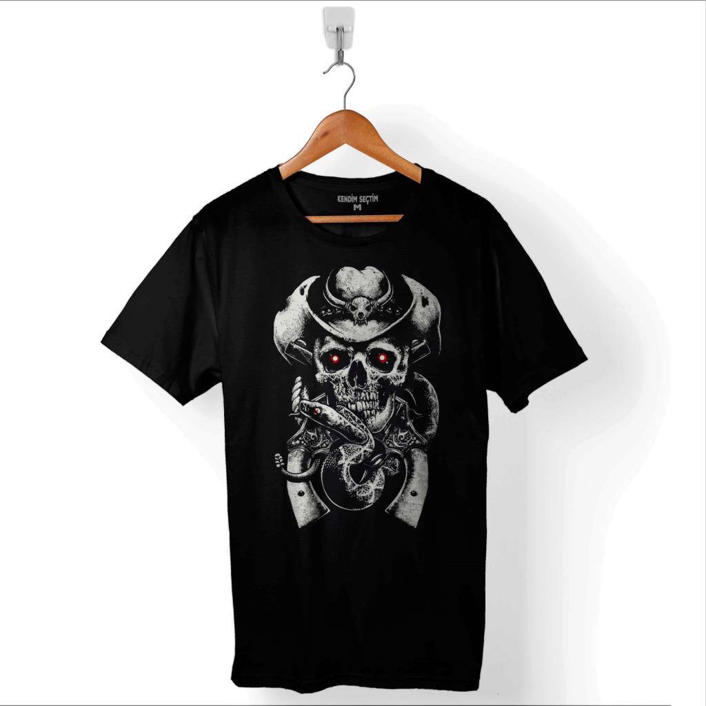 Skull Fear Hat Guns Snake Kovboy Kuru Kafa Baskılı Tişört Unisex T-Shirt - 1