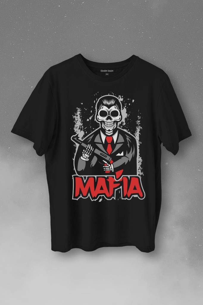 Skull Ganster Mafia Temalı Silahlı Adam Baskılı Tişört Unisex T-Shirt - 1