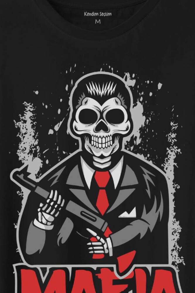 Skull Ganster Mafia Temalı Silahlı Adam Baskılı Tişört Unisex T-Shirt - 2