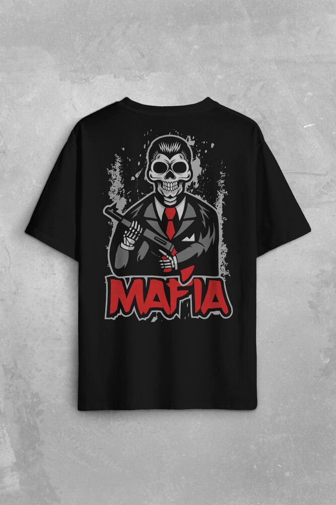Skull Ganster Mafia Temalı Silahlı Adam Sırt Ön Baskılı Oversize Tişört Unisex T-Shirt - 1