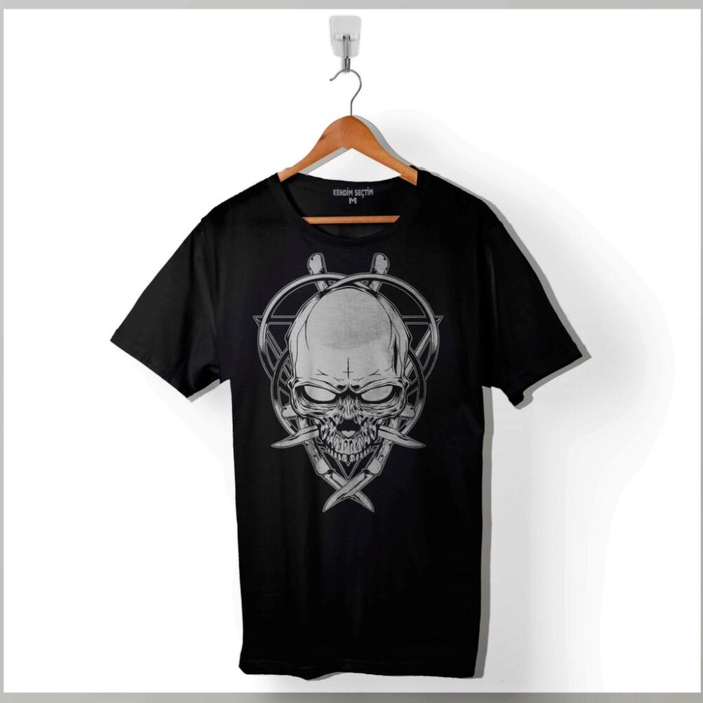Skull Knıfe Illustration Kuru Kafa Bıçak Çakı Baskılı Tişört Unisex T-Shirt - 1