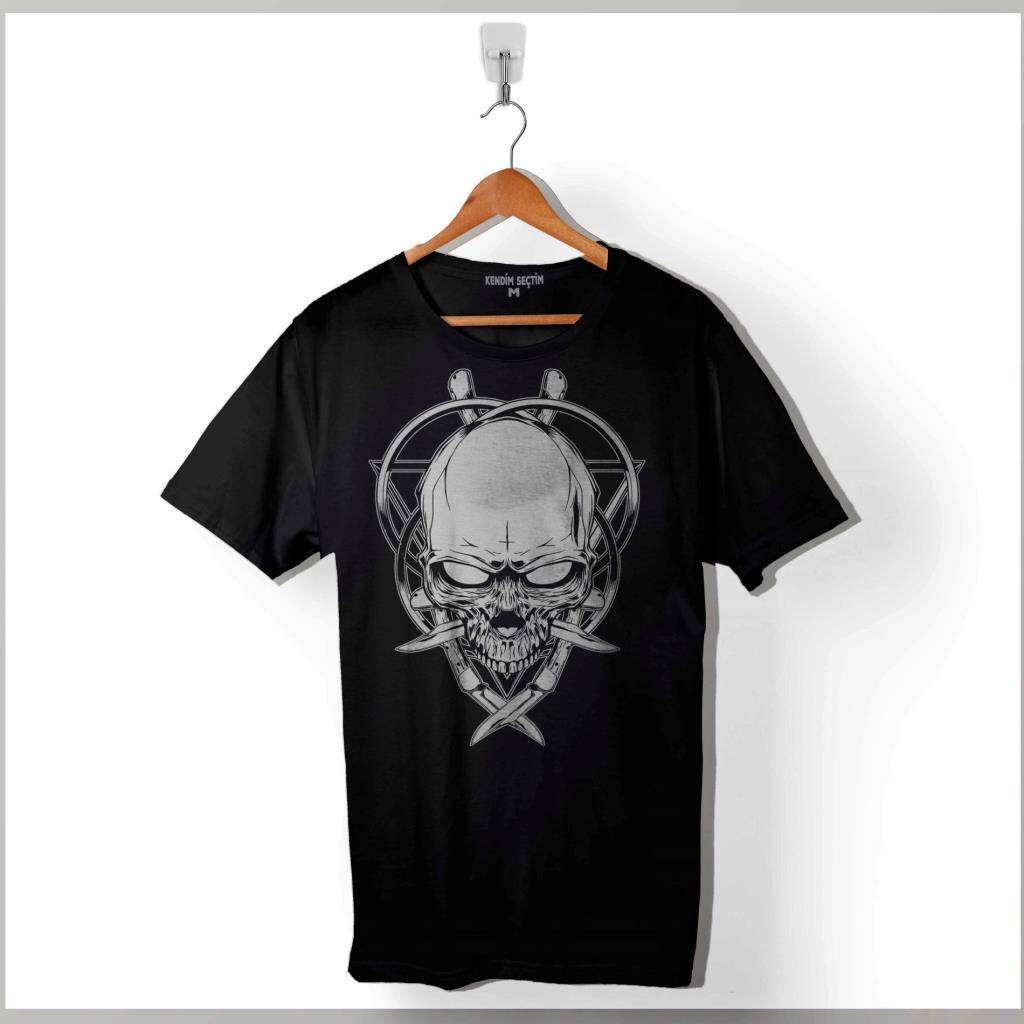 Skull Knıfe Illustration Kuru Kafa Bıçak Çakı Baskılı Tişört Unisex T-Shirt - 1