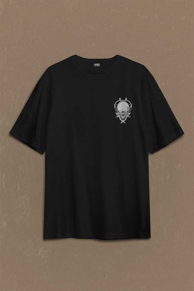 Skull Knife Illustration Kuru Kafa Bıçak Çakı Sırt Ön Baskılı Oversize Tişört Unisex T-Shirt - 1