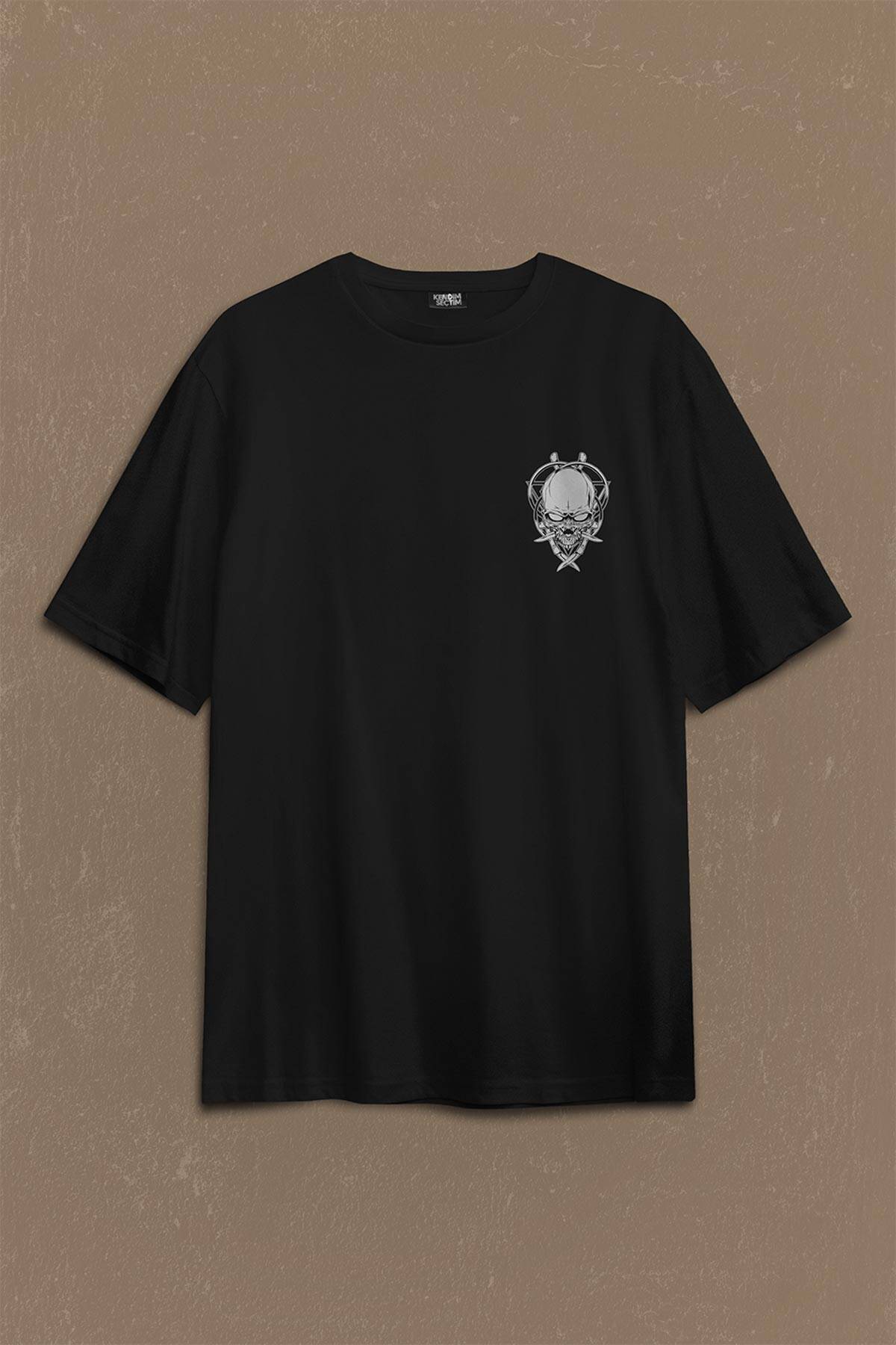 Skull Knife Illustration Kuru Kafa Bıçak Çakı Sırt Ön Baskılı Oversize Tişört Unisex T-Shirt - 1