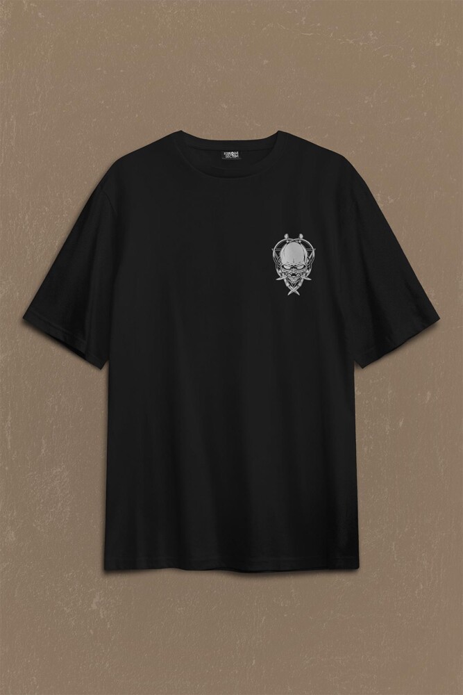 Skull Knife Illustration Kuru Kafa Bıçak Çakı Sırt Ön Baskılı Oversize Tişört Unisex T-Shirt - 1