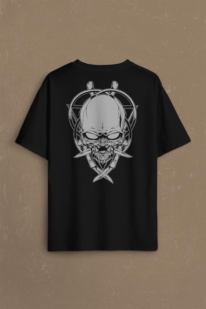 Skull Knife Illustration Kuru Kafa Bıçak Çakı Sırt Ön Baskılı Oversize Tişört Unisex T-Shirt - 2