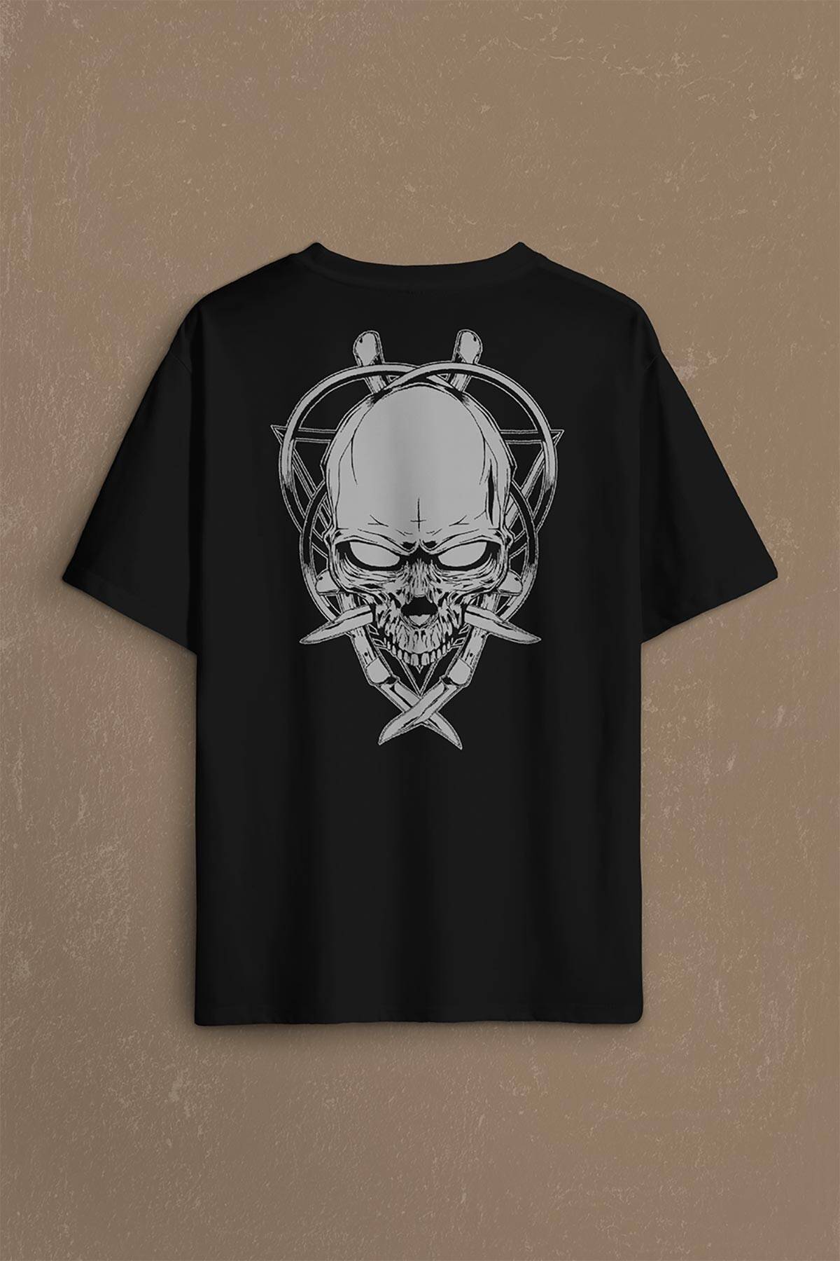 Skull Knife Illustration Kuru Kafa Bıçak Çakı Sırt Ön Baskılı Oversize Tişört Unisex T-Shirt (1)