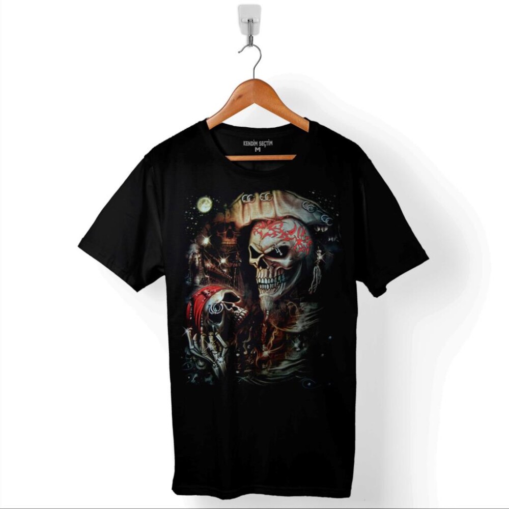 Skull Korsan Kuru Kafa Baskılı Tişört Unisex T-Shirt - 1