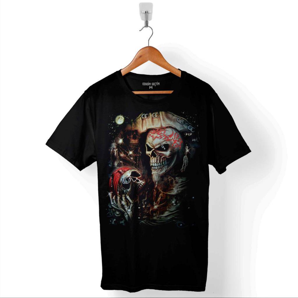 Skull Korsan Kuru Kafa Baskılı Tişört Unisex T-Shirt - 1