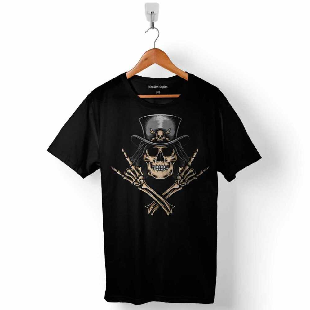 Skull Korsan Kuru Kafa Rock Zafer İşareti Metallica Baskılı Tişört Unisex T-Shirt