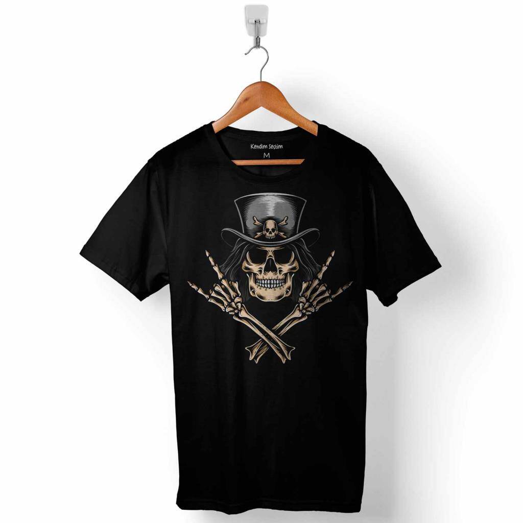 Skull Korsan Kuru Kafa Rock Zafer İşareti Metallica Baskılı Tişört Unisex T-Shirt - 1