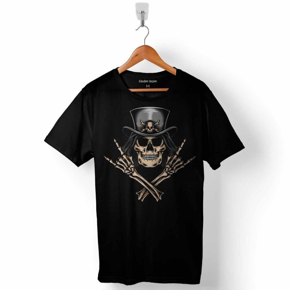 Skull Korsan Kuru Kafa Rock Zafer İşareti Metallica Baskılı Tişört Unisex T-Shirt - 1
