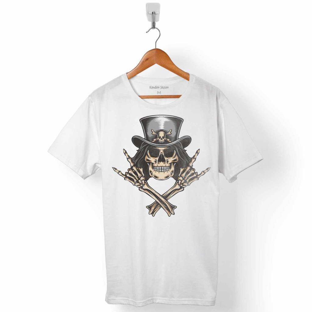 SKULL KORSAN KURU KAFA ROCK ZAFER İŞARETİ METALLICA ERKEK TİŞÖRT - 1