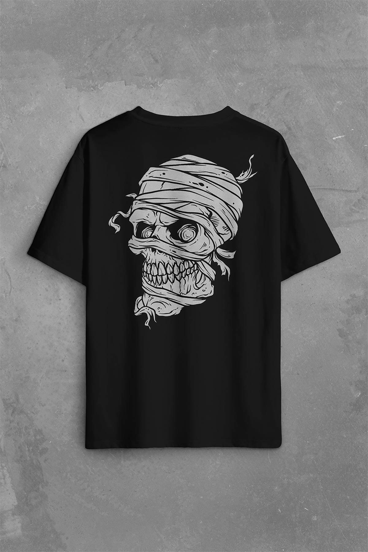 Skull Korsan Kuru Kafa Rock Zafer İşareti Metallica Sırt Ön Baskılı Oversize Tişört Unisex T-Shirt - 1