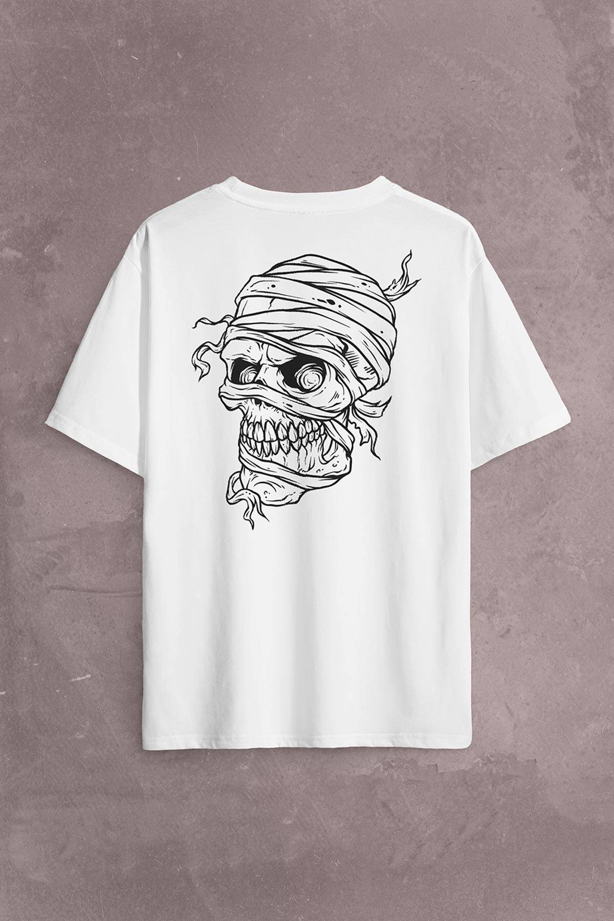 Skull Korsan Kuru Kafa Rock Zafer İşareti Metallica Sırt Ön Baskılı Oversize Tişört Unisex T-Shirt (1)