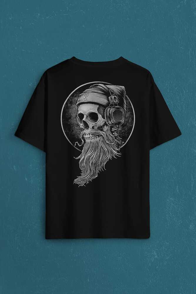 Skull Kuru Kafa Kulaklık Listen Music Baskılı Oversize Tişört Unisex T-Shirt - 1