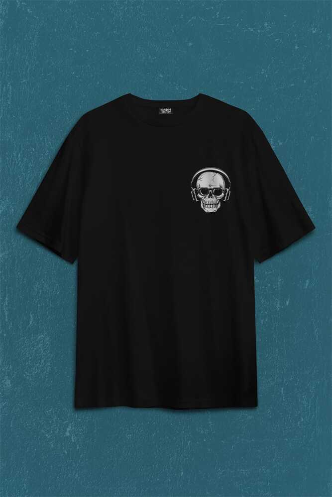 Skull Kuru Kafa Kulaklık Listen Music Baskılı Oversize Tişört Unisex T-Shirt - 2