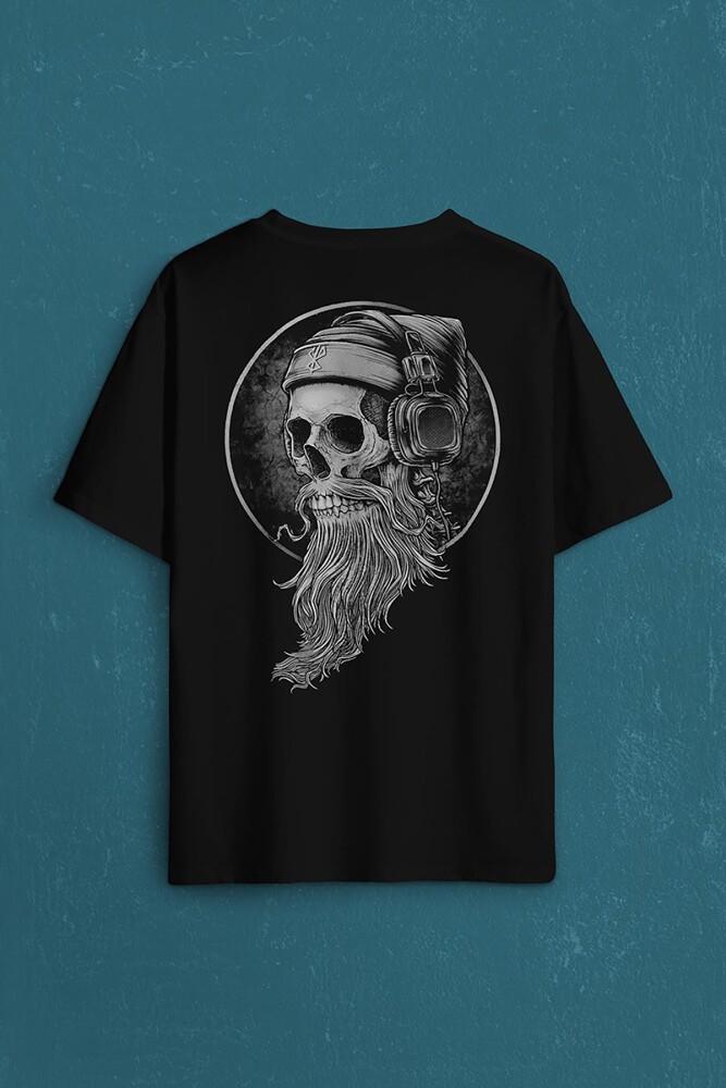 Skull Kuru Kafa Kulaklık Listen Music Baskılı Oversize Tişört Unisex T-Shirt - 1