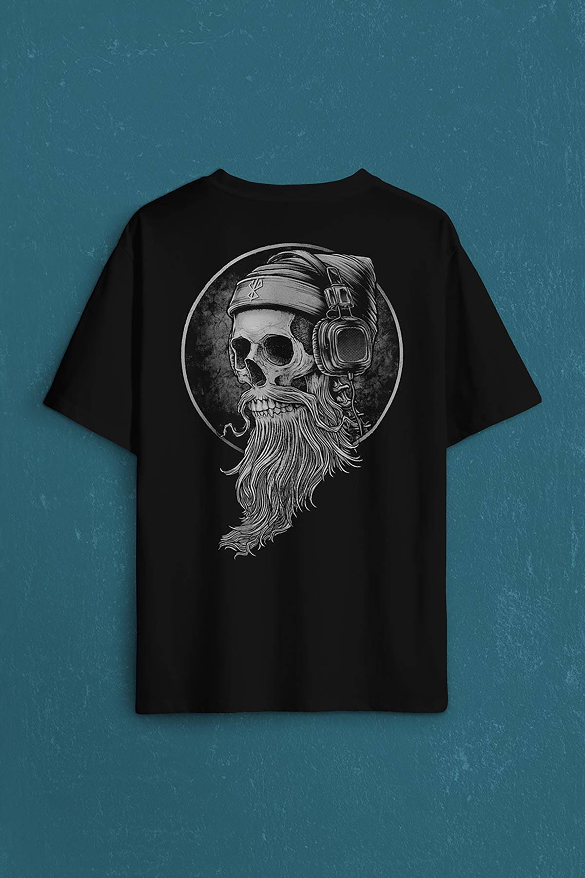 Skull Kuru Kafa Kulaklık Listen Music Baskılı Oversize Tişört Unisex T-Shirt - 1