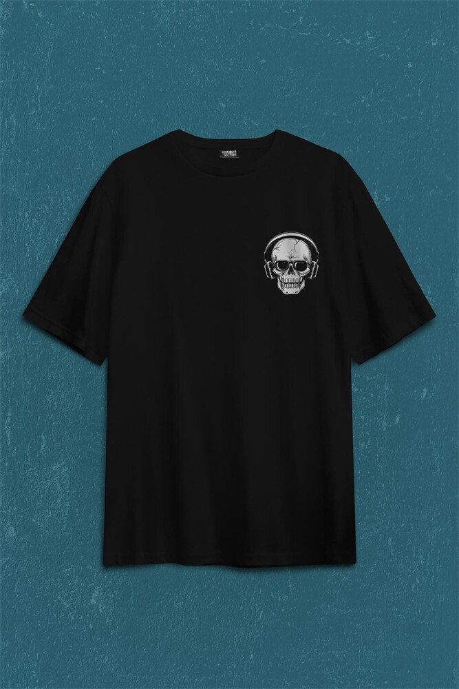 Skull Kuru Kafa Kulaklık Listen Music Baskılı Oversize Tişört Unisex T-Shirt (1)