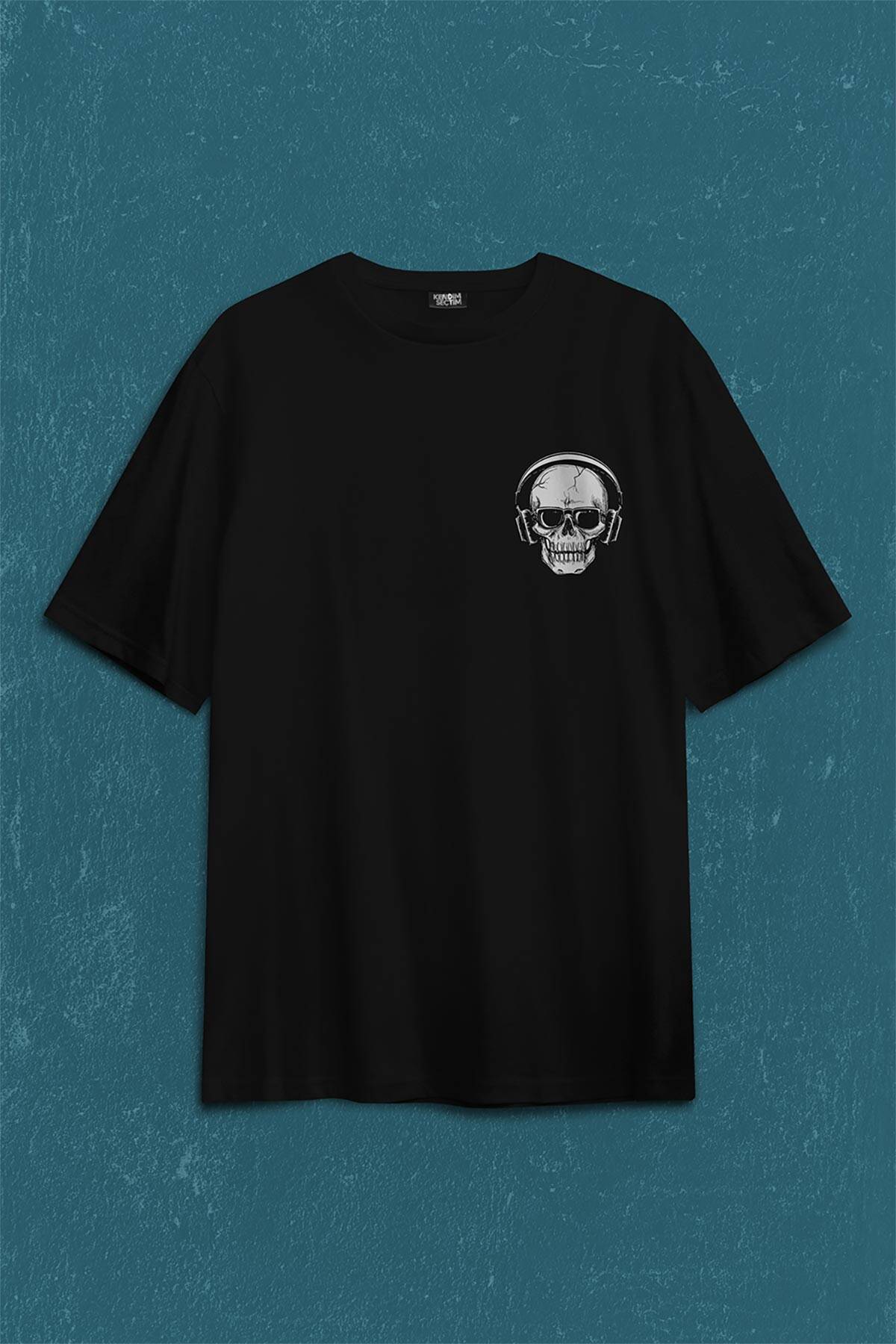 Skull Kuru Kafa Kulaklık Listen Music Baskılı Oversize Tişört Unisex T-Shirt (1)