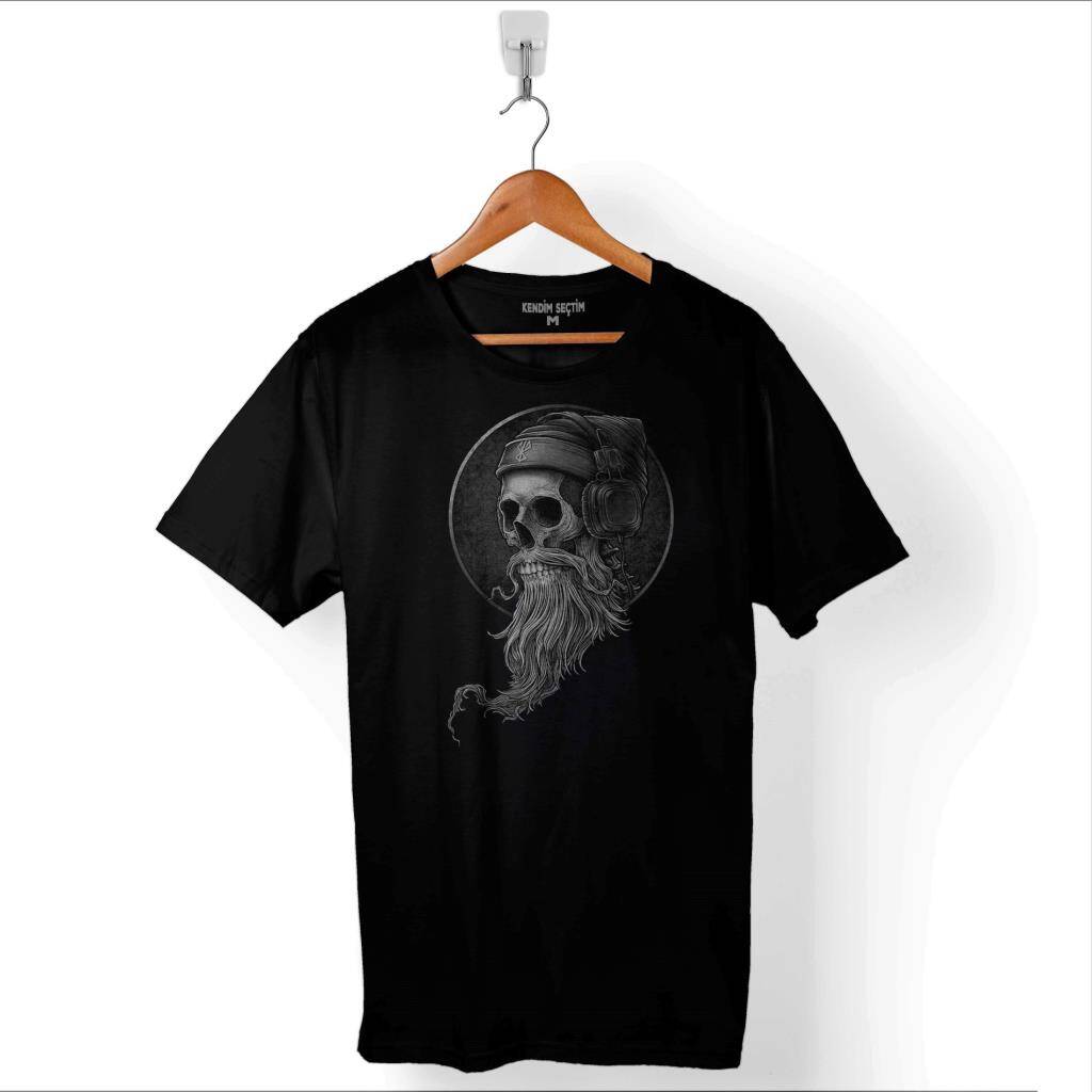 Skull Kuru Kafa Kulaklık Listen Music Baskılı Tişört Unisex T-Shirt - 1