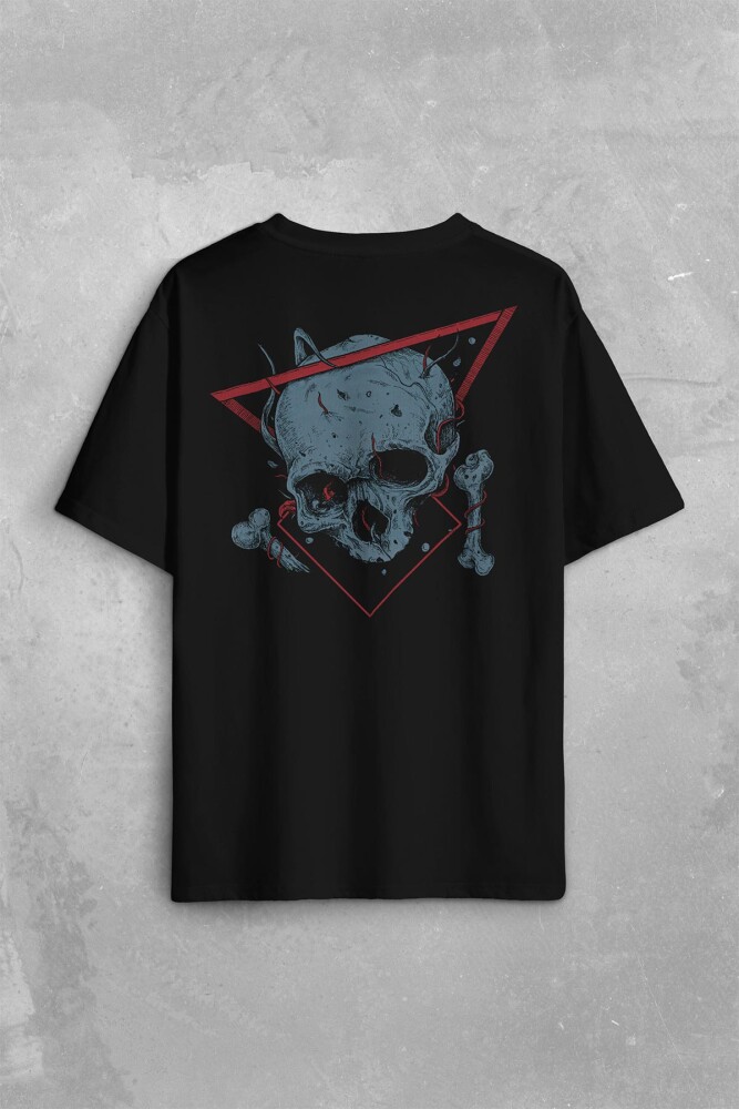 Skull Kuru Kafa Urban Street Culture Minimal Sırt Ön Baskılı Oversize Tişört Unisex T-Shirt - 1
