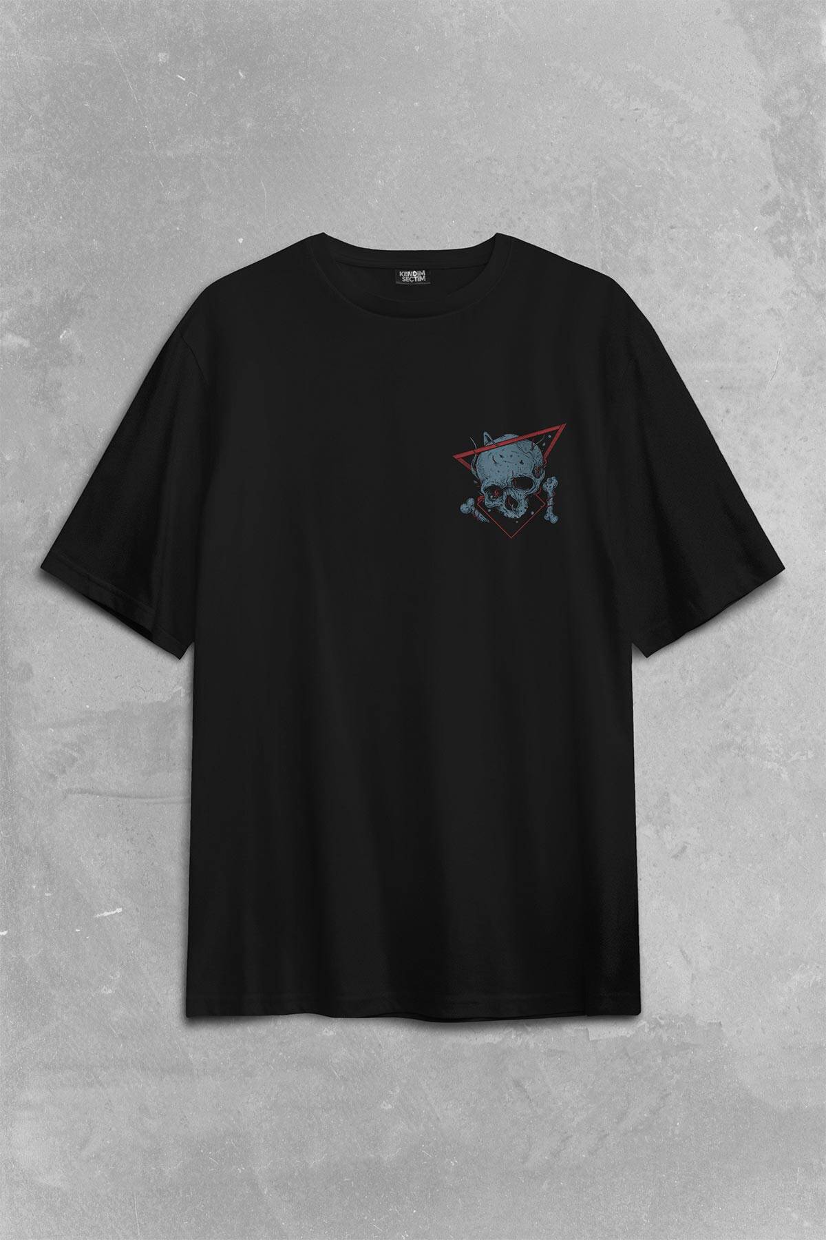 Skull Kuru Kafa Urban Street Culture Minimal Sırt Ön Baskılı Oversize Tişört Unisex T-Shirt (1)