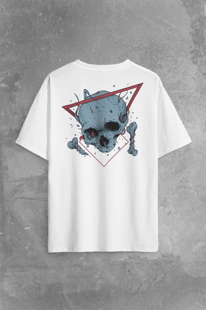 Skull Kuru Kafa Urban Street Culture Minimal Sırt Ön Baskılı Oversize Tişört Unisex T-Shirt - 1