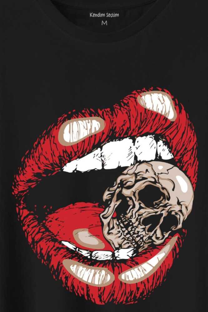 Skull Kuru Kafa Wampir Dudak Kadın Dudağı Baskılı Tişört Unisex T-Shirt - 2