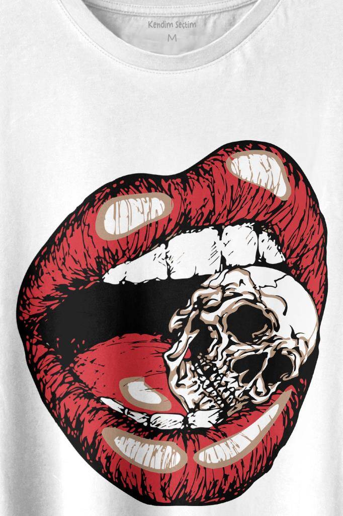 Skull Kuru Kafa Wampir Dudak Kadın Dudağı Baskılı Tişört Unisex T-shirt (1)