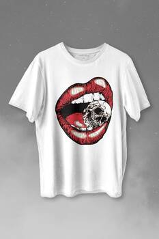 Skull Kuru Kafa Wampir Dudak Kadın Dudağı Baskılı Tişört Unisex T-shirt - 1