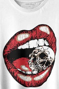 Skull Kuru Kafa Wampir Dudak Kadın Dudağı Baskılı Tişört Unisex T-shirt - 2
