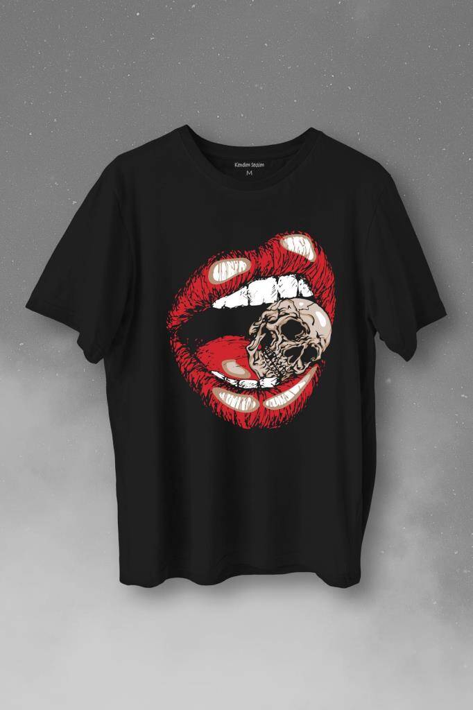Skull Kuru Kafa Wampir Dudak Kadın Dudağı Baskılı Tişört Unisex T-Shirt - 1