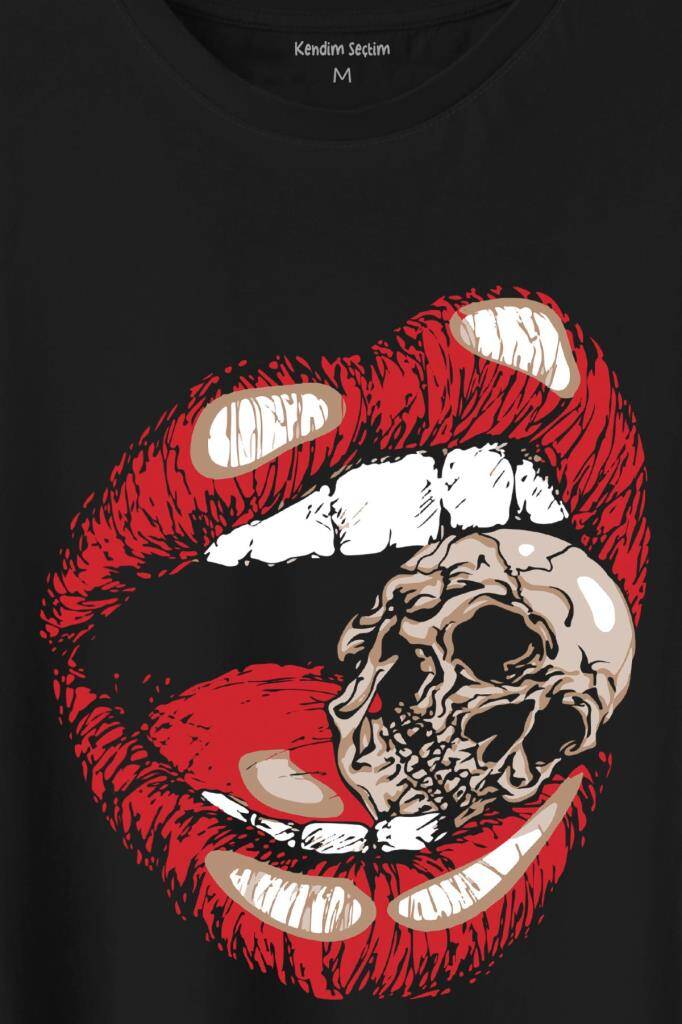 Skull Kuru Kafa Wampir Dudak Kadın Dudağı Baskılı Tişört Unisex T-Shirt - 2