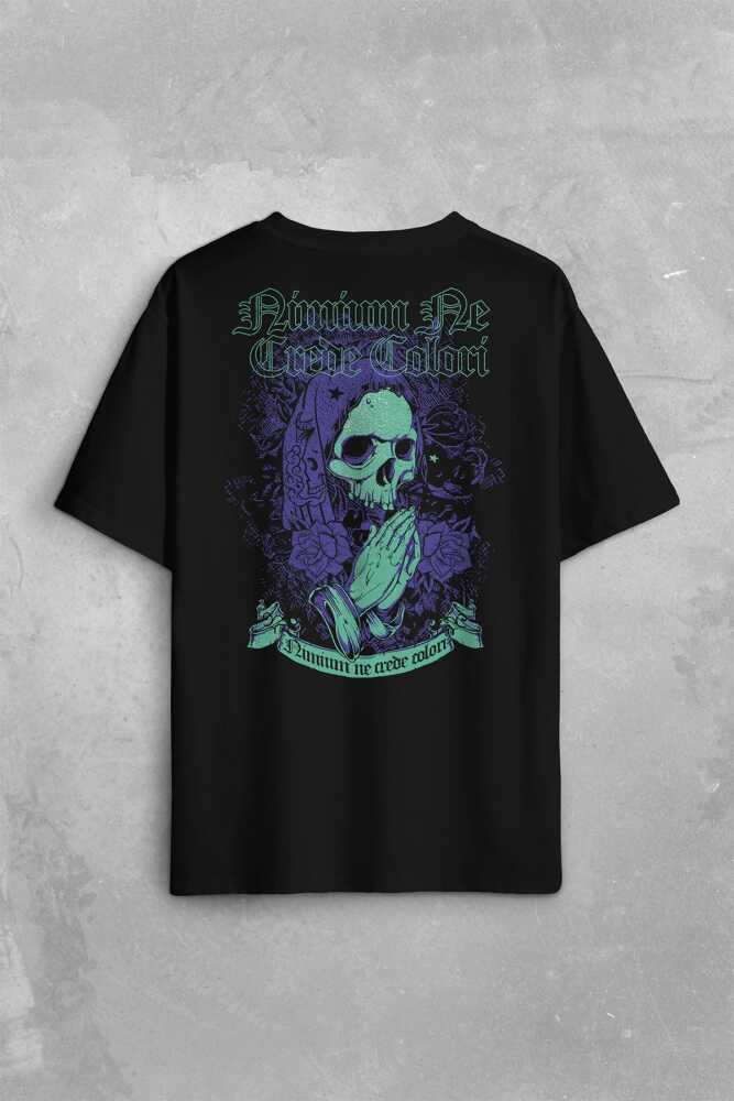 Skull Kurukafa Renkler Latince Urban Street Culture Wear Sokak Sırt Ön Baskılı Oversize Tişört Unisex T-Shirt - 1
