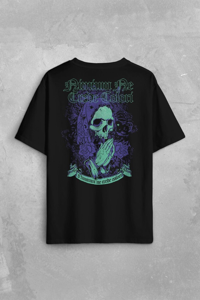 Skull Kurukafa Renkler Latince Urban Street Culture Wear Sokak Sırt Ön Baskılı Oversize Tişört Unisex T-Shirt - 1