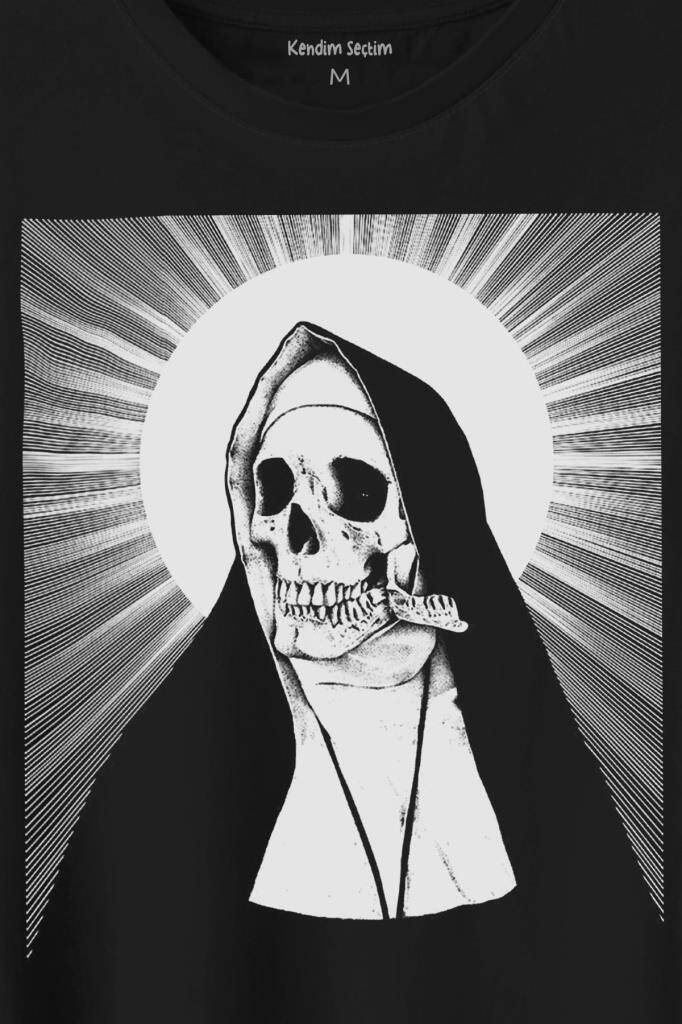 Skull Rahibe Kuru Kafa Gothic Dark Baskılı Tişört Unisex T-Shirt (1)