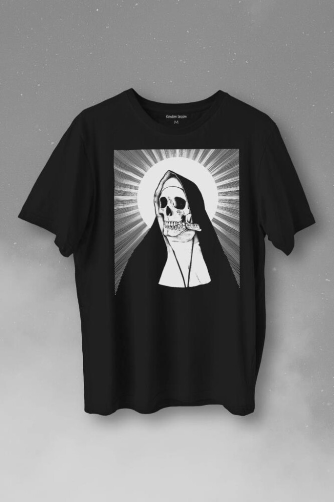 Skull Rahibe Kuru Kafa Gothic Dark Baskılı Tişört Unisex T-Shirt - 1
