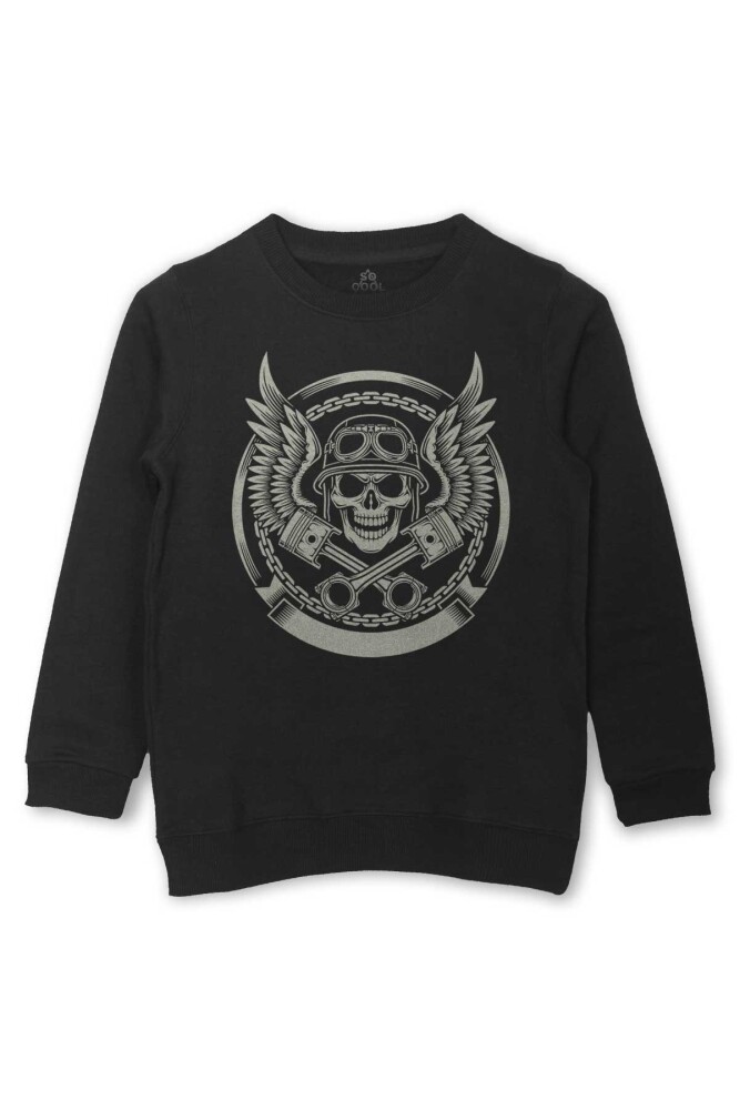 Skull Repair Tamirci Kuru Kafa Baskılı Çocuk Sweatshirt Siyah Sweat - So Cool