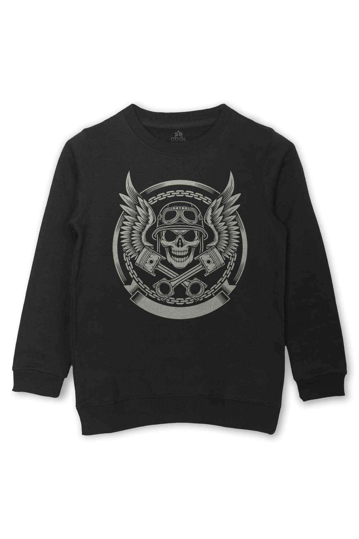 Skull Repair Tamirci Kuru Kafa Baskılı Çocuk Sweatshirt Siyah Sweat - 1