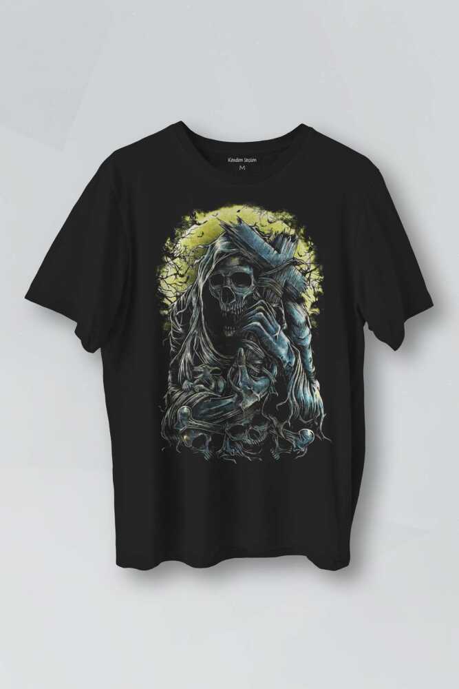 Skull Tasarım Oldschool Kafatası Gothic Devil Baskılı Unisex Tişört - 1