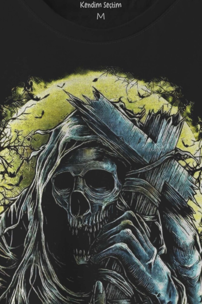 Skull Tasarım Oldschool Kafatası Gothic Devil Baskılı Unisex Tişört - 2