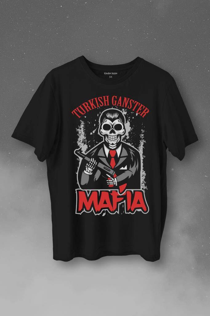 Skullturkish Ganster Mafia Temalı Silahlı Adam Baskılı Tişört Unisex T-Shirt - 1