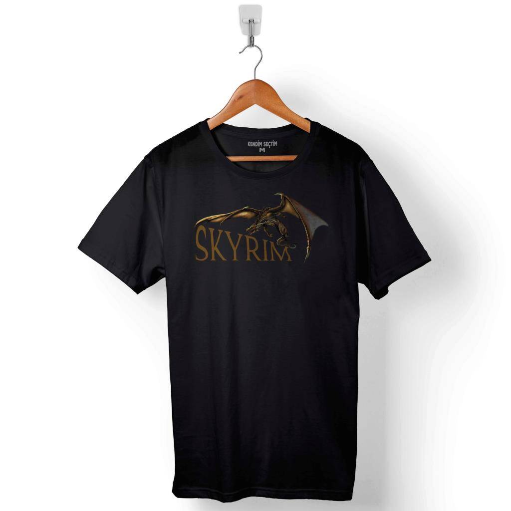 Skyrım Dragon Logo The Elder Scrolls V Baskılı Tişört Unisex T-Shirt - 1