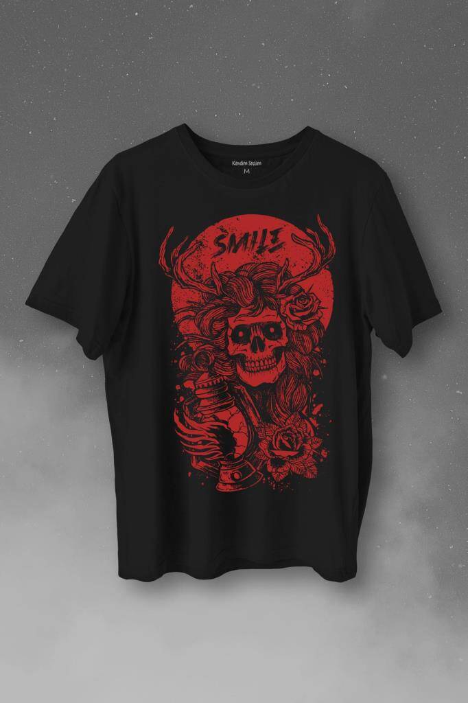 Smile Skull Urban Street Culture Kuru Kafa 2K Baskılı Tişört Unisex T-Shirt - 1