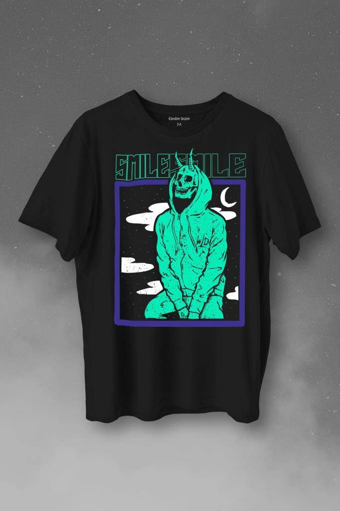 Smile Skull Urban Wear Street Culture Kuru Kafa Y2K Baskılı Tişört Unisex T-Shirt - 1