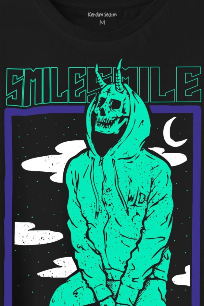 Smile Skull Urban Wear Street Culture Kuru Kafa Y2K Baskılı Tişört Unisex T-Shirt - 2