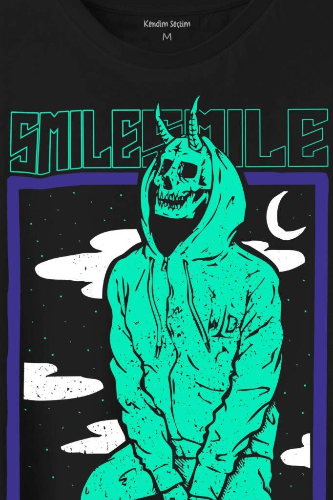 Smile Skull Urban Wear Street Culture Kuru Kafa Y2K Baskılı Tişört Unisex T-Shirt - 2